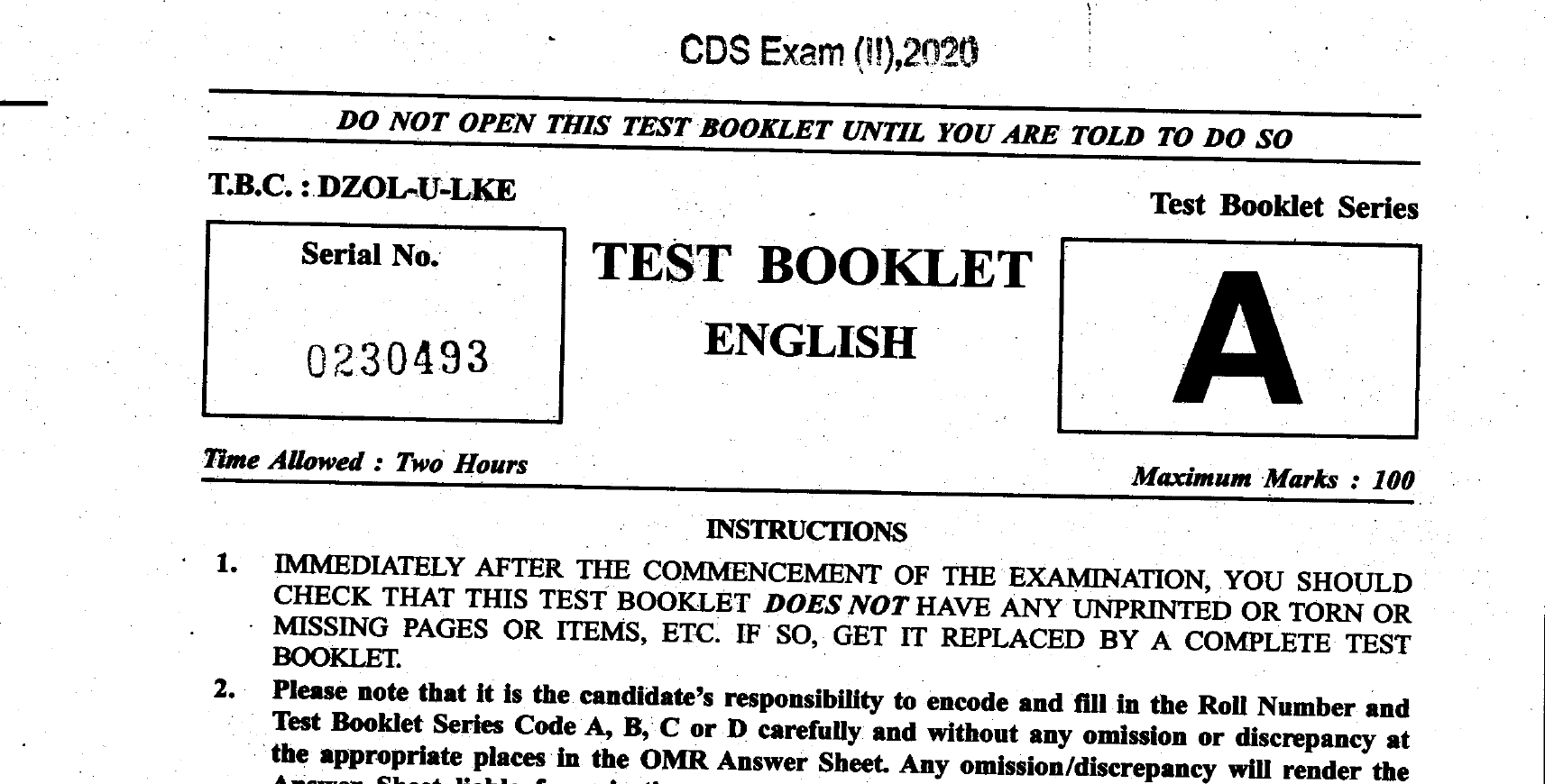 UPSC CDS 2020 Question Paper pdf