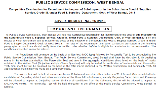 West Bengal PSC 2018 Notification pdf